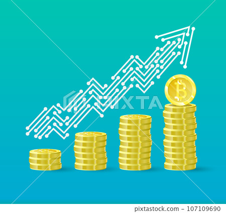 Bitcoin crypto currency growth chart of the financial system is growing. Bitcoin course. The line of the upward trend arrow in the form of tracks on the board. Vector illustration 107109690