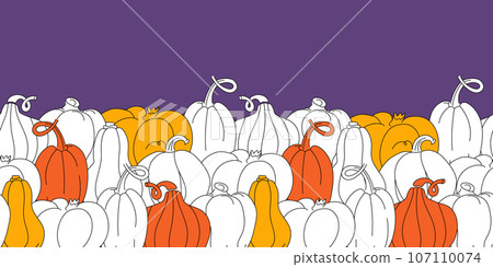 Pumpkins Seamless border on purple background. Vector horizontal banner hand drawn endless design. Pumpkins Seamless border on purple background. Vector horizontal banner hand drawn endless design. 107110074