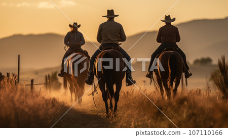 Cowboy riding horse together during sunrise on farm Cowboy riding horse together during sunrise on farm 107110166