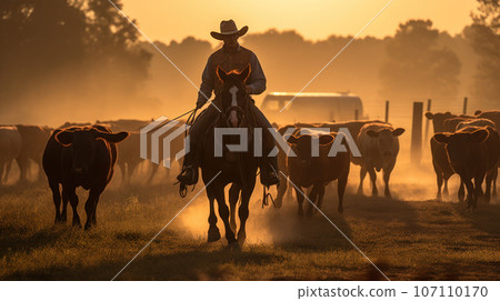 Cowboy riding horse herding cows during sunrise on farm 107110170