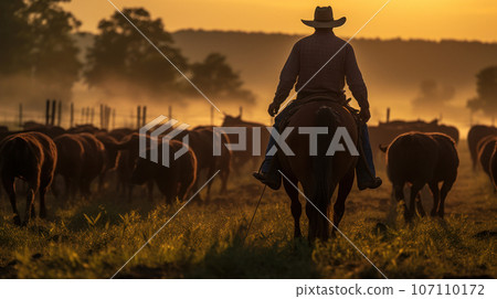Cowboy riding horse herding cows during sunrise on farm Cowboy riding horse herding cows during sunrise on farm 107110172
