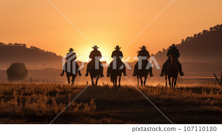 Cowboy riding horse together on the little hill during sunrise on farm Cowboy riding horse together on the little hill during sunrise on farm 107110180