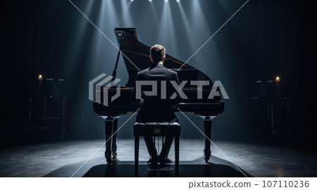 male playing piano on the stage in hall and spot light 107110236