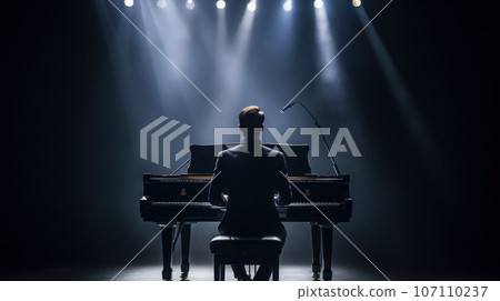 male playing piano on the stage in hall and spot light male playing piano on the stage in hall and spot light 107110237