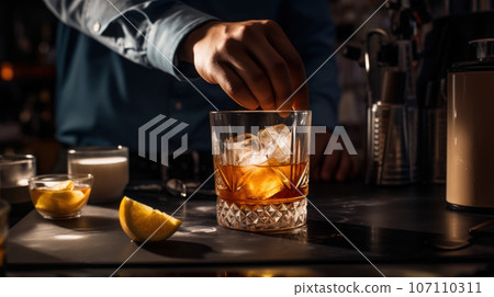 Professional bartender in black apron pours drink from shaker into glass Professional bartender in black apron pours drink from shaker into glass 107110311