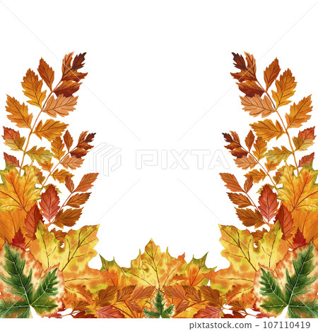A frame of leaves on the bottom edge. Illustrations in watercolor on a white background. Greeting card with the image of painted plants, hand-drawn watercolor, botanical painting A frame of leaves on the bottom edge. Illustrations in watercolor on a white background. Greeting card with the image of painted plants, hand-drawn watercolor, botanical painting 107110419
