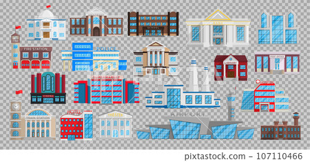 Buildings set isolated in Flat style vector. Municipal library, bank, hospital, school university, fire station, police, museum, post office, cinema, theater sepermarket factory airport prison Buildings set isolated in Flat style vector. Municipal library, bank, hospital, school university, fire station, police, museum, post office, cinema, theater sepermarket factory airport prison 107110466