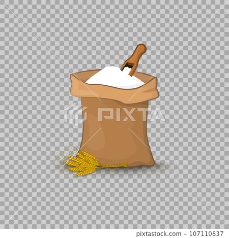 A bag of flour isolated with a shovel and ears of wheat, barley or rye 107110837