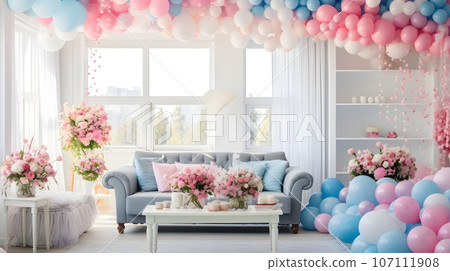 Modern living room decorated for a gender reveal party with blue and pink balloons 107111908