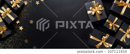 Black gift boxes arranged on dark background, black friday discounts concept 107111938