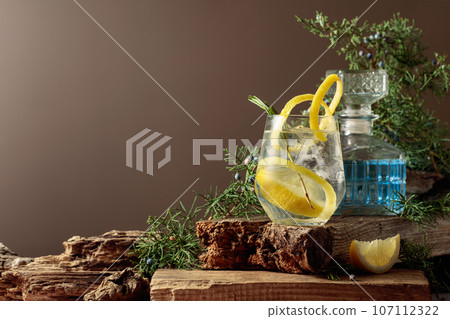 Cocktail gin-tonic with ice, lemon, and rosemary in a frozen glass. Cocktail gin-tonic with ice, lemon, and rosemary in a frozen glass. 107112322