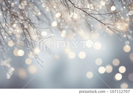 Glitter silver sparkles on branches. Garland sparkles on the tree. Light winter background. Generative AI 107112707
