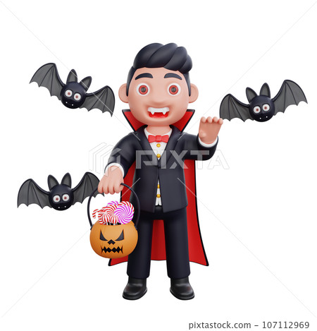 3d cute Vampire holding pumpkin basket candy halloween design 3d cute Vampire holding pumpkin basket candy halloween design 107112969