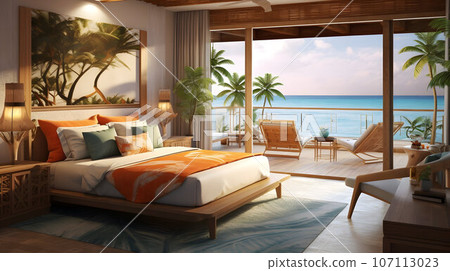 Tropical resort bedroom, interior in light colors, panoramic windows and sea view, luxury relaxation 107113023