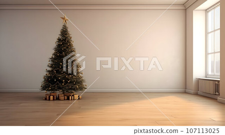 Interior of an empty aparment with a christmas tree, apartment mockup 107113025