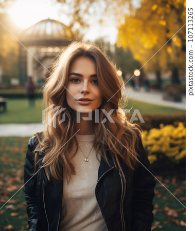 Portrait of a glamorous young woman in autumn. Casual day in park. City park serenity. Urban leisure with happy young woman in outdoor nature. Beauty woman enjoying her time outside. Generative AI. 107113265