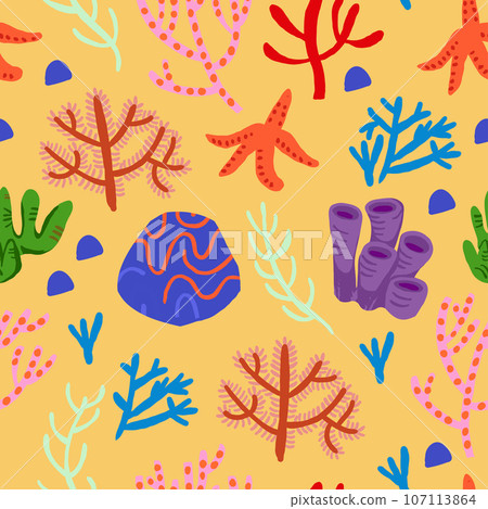 Cute vector colorful seamless pattern with red corals on orange background. Coral reef, shells, star fish. Vector illustration Cute vector colorful seamless pattern with red corals on orange background. Coral reef, shells, star fish. Vector illustration 107113864