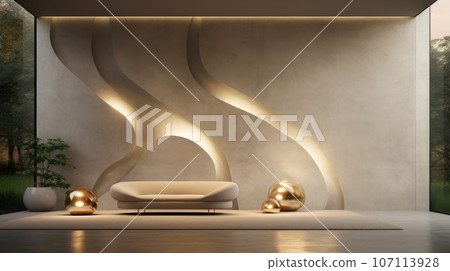 Contemporary interior with concrete plaster wall, backlight, sofa and decor. Ai generated. 107113928