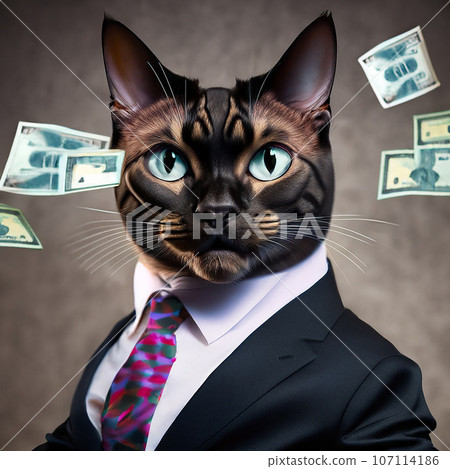 Cat-boss in tie. money flying around Cat-boss in tie. money flying around 107114186