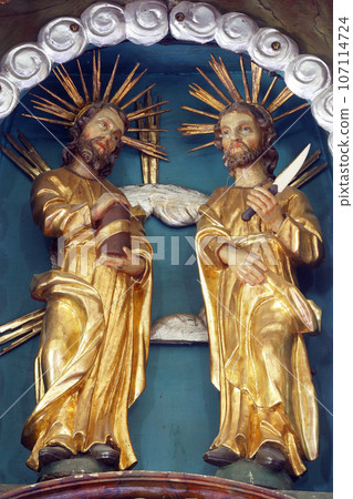 St. Cosmas and Damian, statue on the high altar in the parish church of St. Peter in Sveti Petar Mreznicki, Croatia St. Cosmas and Damian, statue on the high altar in the parish church of St. Peter in Sveti Petar Mreznicki, Croatia 107114724