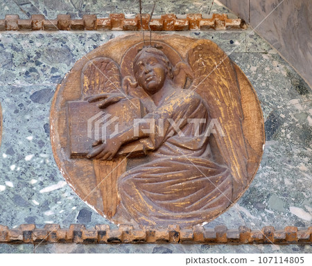 Symbol of the Saint Matthew the Evangelists, facade detail of St. Mark's Basilica, Venice, Italy Symbol of the Saint Matthew the Evangelists, facade detail of St. Mark's Basilica, Venice, Italy 107114805