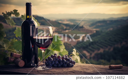 Grape harvest and wine production. Red wine on grape plantation background. Generative AI Grape harvest and wine production. Red wine on grape plantation background. Generative AI 107114882