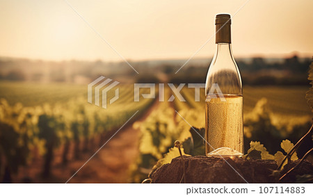 Grape harvest and wine production. White wine on grape plantation background. Generative AI 107114883