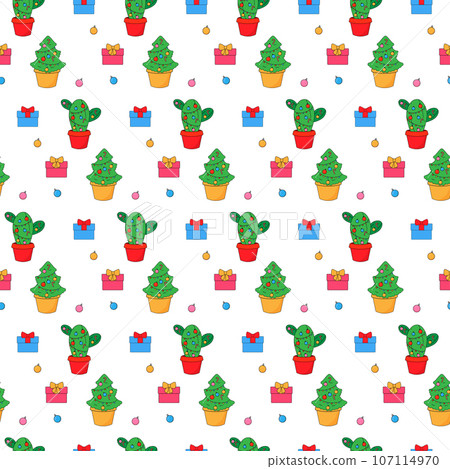 Christmas, new year, eco cactus and gifts. In psychedelic groovy style. Christmas, new year, eco cactus and gifts. In psychedelic groovy style. 107114970