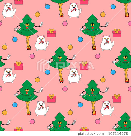 Cat and Christmas tree, eco cactus new year. Cat and Christmas tree, eco cactus new year. 107114978