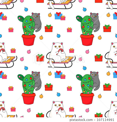 Cat and Christmas tree, eco cactus new year. Cat and Christmas tree, eco cactus new year. 107114991