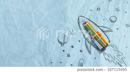 Back to school theme with hand drawn rocket and colored pencils 107115095