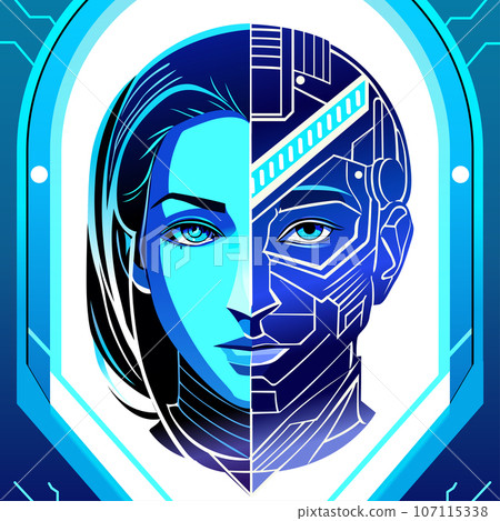 Cyborg woman head. Blue background. Cyborg woman head. Blue background. 107115338