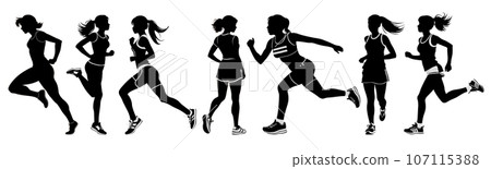 Run. Running women, vector set of isolated silhouettes 107115388