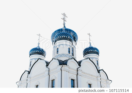 church with blue domes. orthodox church.church isolated on white background 107115514