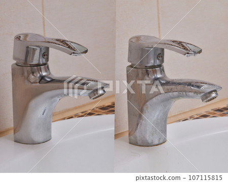 Compare image before- after cleaning with special detergent of the dirty stainless faucet cover with dirty hard calcium water stain in the bathroom. Old dirty faucet with clean and shiny like new. 107115815