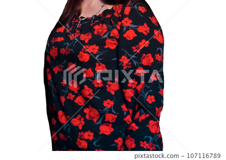Women's fashion and clothing style is dark with a pattern of red flowers on a white isolated background 107116789