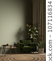 Green interior with armchair, coffee table and decor. 3d render illustration mockup. 107116834