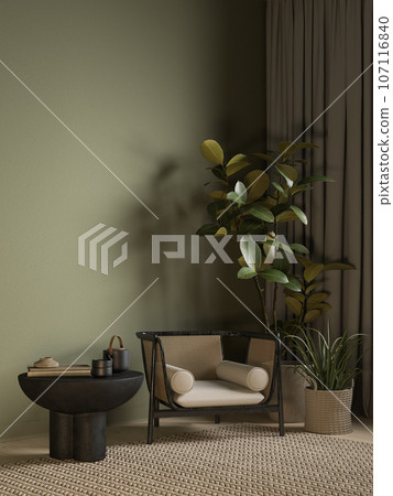 Green interior with rattan lounge chair, coffee table and decor. 3d render illustration mockup. Green interior with rattan lounge chair, coffee table and decor. 3d render illustration mockup. 107116840