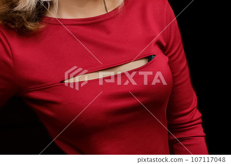 Women's red jacket close-up with a neckline in the chest area girl clothing style fashion Women's red jacket close-up with a neckline in the chest area girl clothing style fashion 107117048