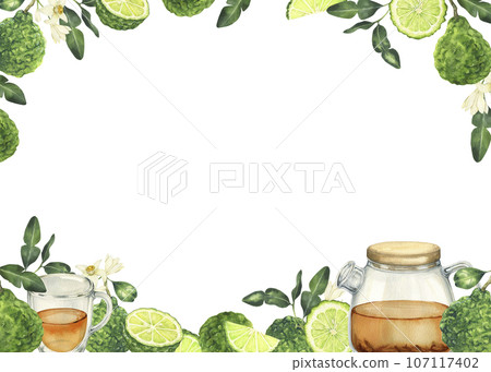 Watercolor illustration of glass teapot and teacup of tasty bergamot tea and fresh bergamot fruits, leaves and flowers on white background. Hand drawn illustration perfect for menu, packaging. Watercolor illustration of glass teapot and teacup of tasty bergamot tea and fresh bergamot fruits, leaves and flowers on white background. Hand drawn illustration perfect for menu, packaging. 107117402