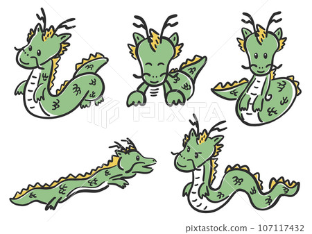 手繪插畫組可愛的笑龍、龍、新年卡片 107117432