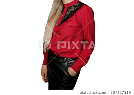 Red and black vintage women's blouse blouse and dark skirt style fashionable clothes on white background isolated Red and black vintage women's blouse blouse and dark skirt style fashionable clothes on white background isolated 107117519