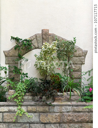 section of the wall with decorative elements is decorated with houseplants section of the wall with decorative elements is decorated with houseplants 107117715