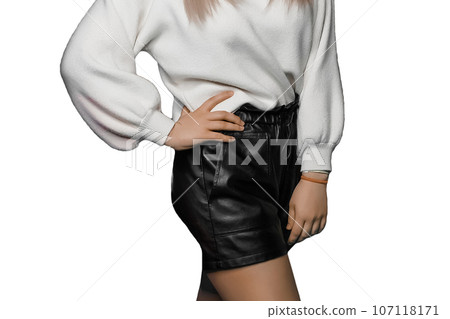 Female young figure girl with hand on belt posing in white sweater, black leather shorts on a white background, isolated Female young figure girl with hand on belt posing in white sweater, black leather shorts on a white background, isolated 107118171