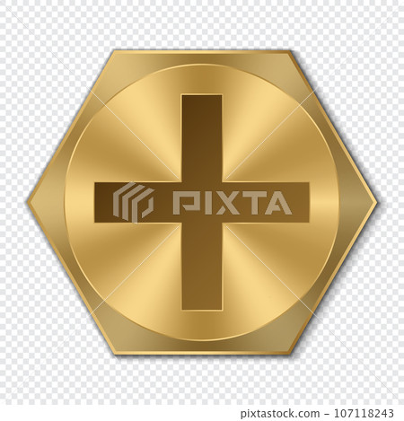 Golden hexagon bolt head. Realistic metal screw. Top view head of bolt. Vector illustration Golden hexagon bolt head. Realistic metal screw. Top view head of bolt. Vector illustration 107118243