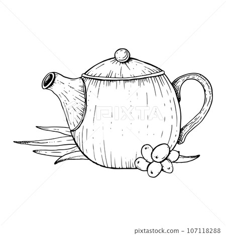 Teapot with sea buckthorn berries and leaves vector line illustration. Hippophae herbal organic tea black and white sketch Teapot with sea buckthorn berries and leaves vector line illustration. Hippophae herbal organic tea black and white sketch 107118288