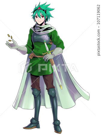 Illustration of a male hero, green hair, playing with gold coins Illustration of a male hero, green hair, playing with gold coins 107119062