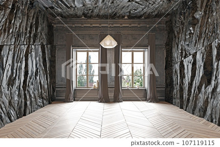 modern dark living interior with rock feature. 107119115