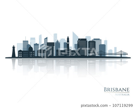Brisbane skyline silhouette with reflection. Brisbane skyline silhouette with reflection. 107119299