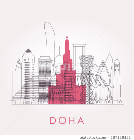 Outline Doha skyline with landmarks.  107119331